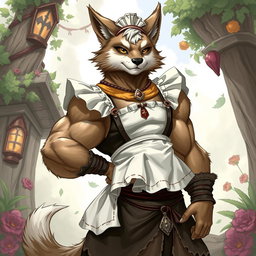 A detailed illustration of a muscular furry cleric character wearing a maid outfit