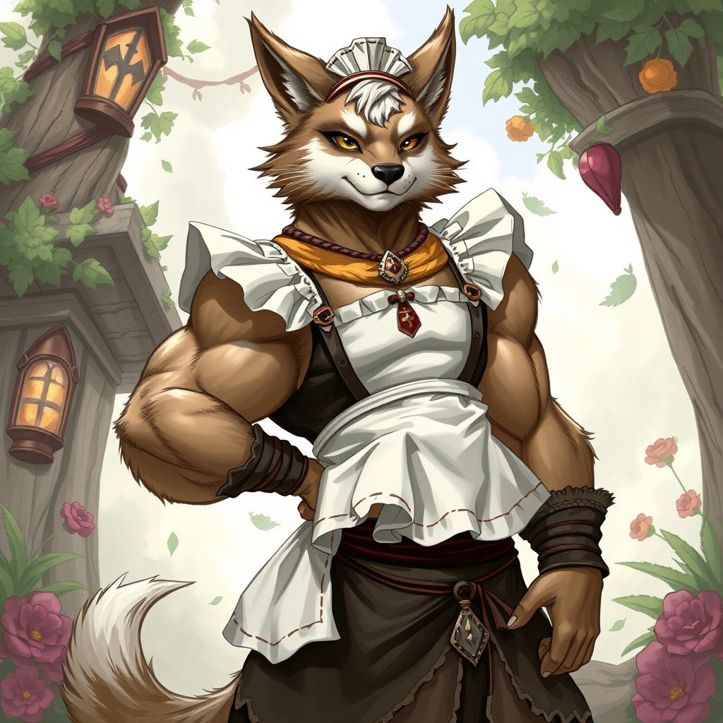 A detailed illustration of a muscular furry cleric character wearing a maid outfit