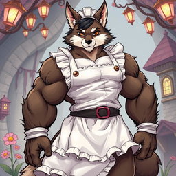 A detailed illustration of a muscular furry cleric character wearing a maid outfit
