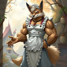 A detailed illustration of a muscular furry cleric character wearing a maid outfit