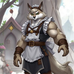A detailed illustration of a muscular furry cleric character wearing a maid outfit