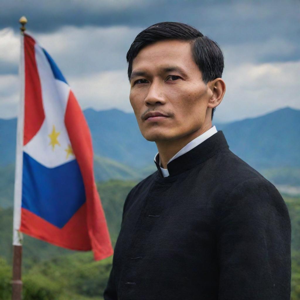 A powerful image of Jose Rizal gazing at the Filipino flag with deep resolve and patriotism, set against a backdrop of the Philippines' majestic landscapes.