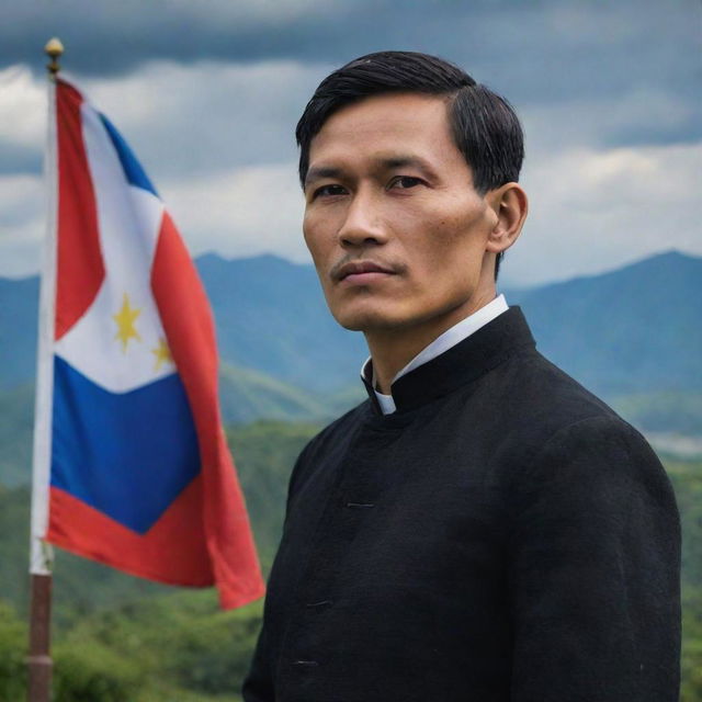 A powerful image of Jose Rizal gazing at the Filipino flag with deep resolve and patriotism, set against a backdrop of the Philippines' majestic landscapes.