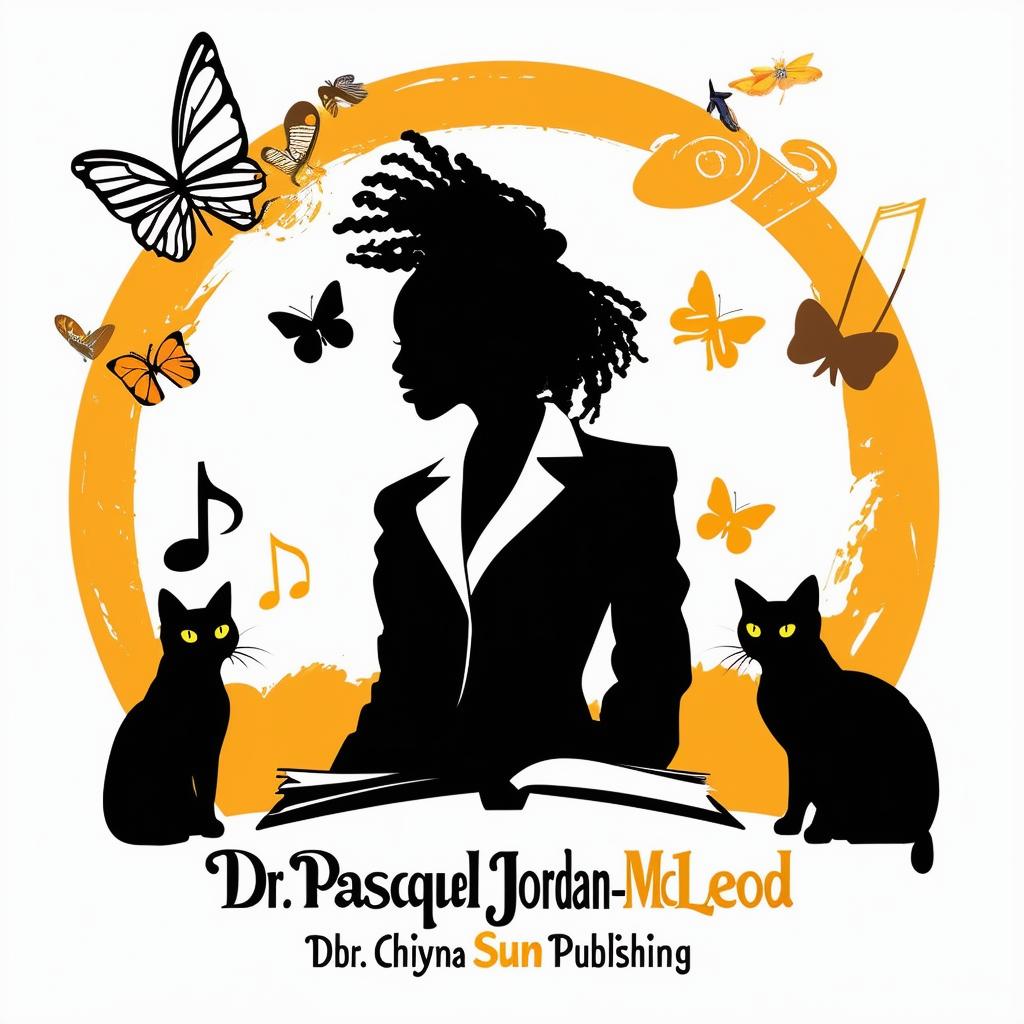 Create a book promotion logo featuring a silhouette of a lady with short dreadlocks in a suit, surrounded by music notes, butterflies, two cats, and a book