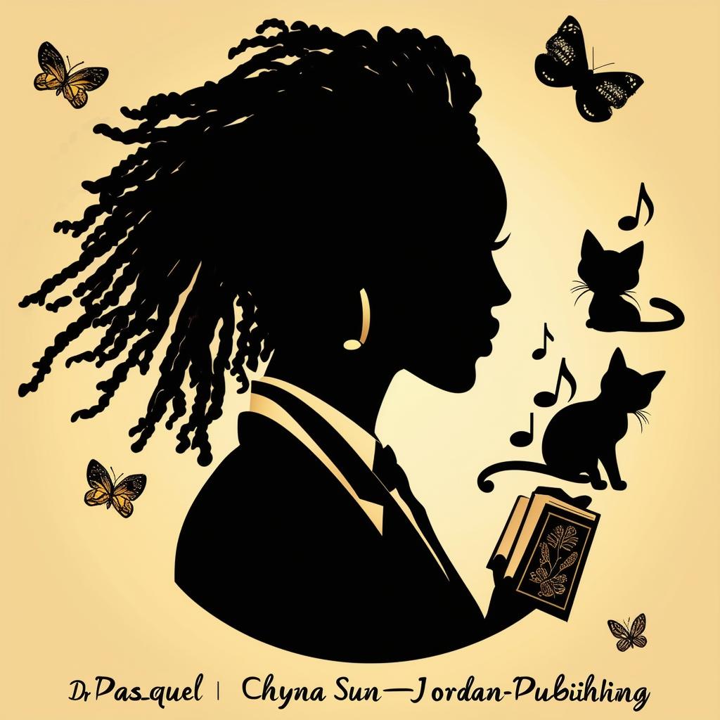 Create an elegant book promotion logo featuring a silhouette of a lady with short dreadlocks in a suit, surrounded by music notes, butterflies, two cats, and a book