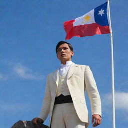 An inspiring portrayal of Jose Rizal standing tall, his eyes fixed on the Philippine flag fluttering against the clear sky, reinforcing the sentiments of national pride and resilience.