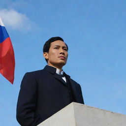 An inspiring portrayal of Jose Rizal standing tall, his eyes fixed on the Philippine flag fluttering against the clear sky, reinforcing the sentiments of national pride and resilience.