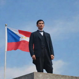 An inspiring portrayal of Jose Rizal standing tall, his eyes fixed on the Philippine flag fluttering against the clear sky, reinforcing the sentiments of national pride and resilience.