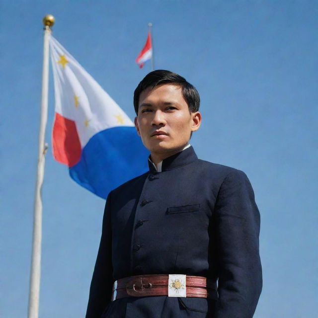 An inspiring portrayal of Jose Rizal standing tall, his eyes fixed on the Philippine flag fluttering against the clear sky, reinforcing the sentiments of national pride and resilience.