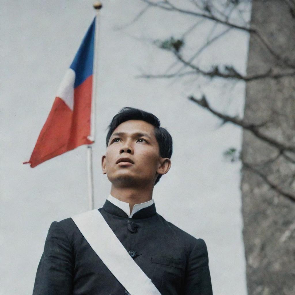 A poignant image of a young Jose Rizal looking up with awe and wonder at the Philippine flag, suggesting an early spark of patriotism and future greatness.