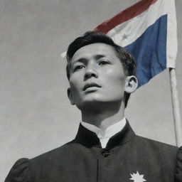 A poignant image of a young Jose Rizal looking up with awe and wonder at the Philippine flag, suggesting an early spark of patriotism and future greatness.