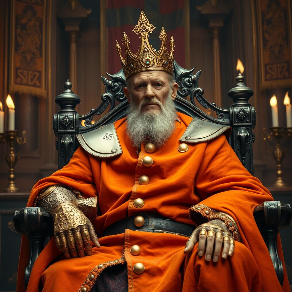 An old medieval king sitting on his throne, wearing an orange coat