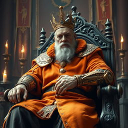 An old medieval king sitting on his throne, wearing an orange coat