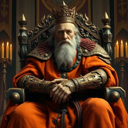 An old medieval king sitting on his throne, wearing an orange coat