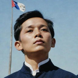 A poignant image of a young Jose Rizal looking up with awe and wonder at the Philippine flag, suggesting an early spark of patriotism and future greatness.