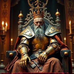 An old medieval king sitting on his throne, wearing armor with an orange hue