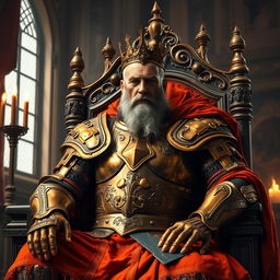 An old medieval king sitting on his throne, wearing armor with an orange hue