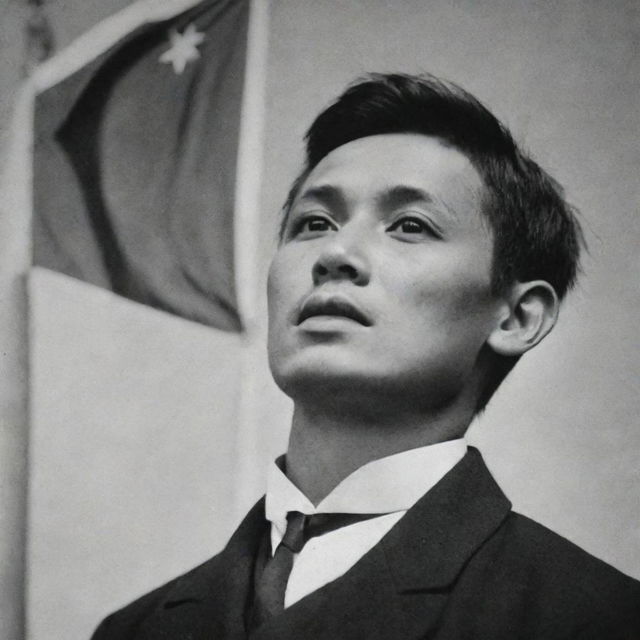 A poignant image of a young Jose Rizal looking up with awe and wonder at the Philippine flag, suggesting an early spark of patriotism and future greatness.