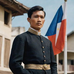 An emotive historical image featuring a young Jose Rizal in 1880s attire, attentively gazing at the Philippine flag waving majestically against the backdrop of a colonial-era Calamba town.