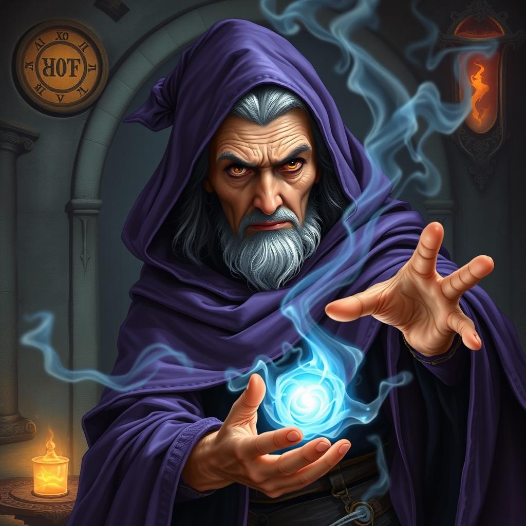 An old noble lady wizard wearing a purple cloak, casting a powerful spell