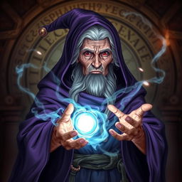 An old noble lady wizard wearing a purple cloak, casting a powerful spell