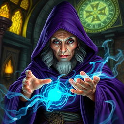 An old noble lady wizard wearing a purple cloak, casting a powerful spell