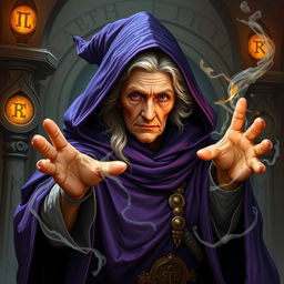 An old noble lady wizard wearing a purple cloak, casting a powerful spell