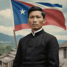 An emotive historical image featuring a young Jose Rizal in 1880s attire, attentively gazing at the Philippine flag waving majestically against the backdrop of a colonial-era Calamba town.