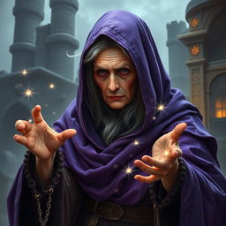 An old noble lady sorcerer covered by a purple cloak, casting a spell