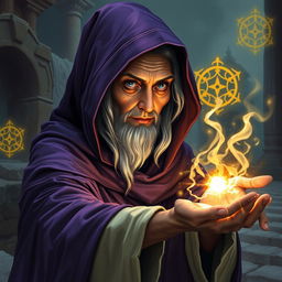 An old noble lady sorcerer covered by a purple cloak, casting a spell