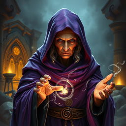 An old noble lady sorcerer covered by a purple cloak, casting a spell