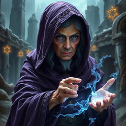 An old noble lady sorcerer covered by a purple cloak, casting a spell