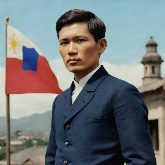 An emotive historical image featuring a young Jose Rizal in 1880s attire, attentively gazing at the Philippine flag waving majestically against the backdrop of a colonial-era Calamba town.