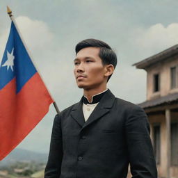 An emotive historical image featuring a young Jose Rizal in 1880s attire, attentively gazing at the Philippine flag waving majestically against the backdrop of a colonial-era Calamba town.