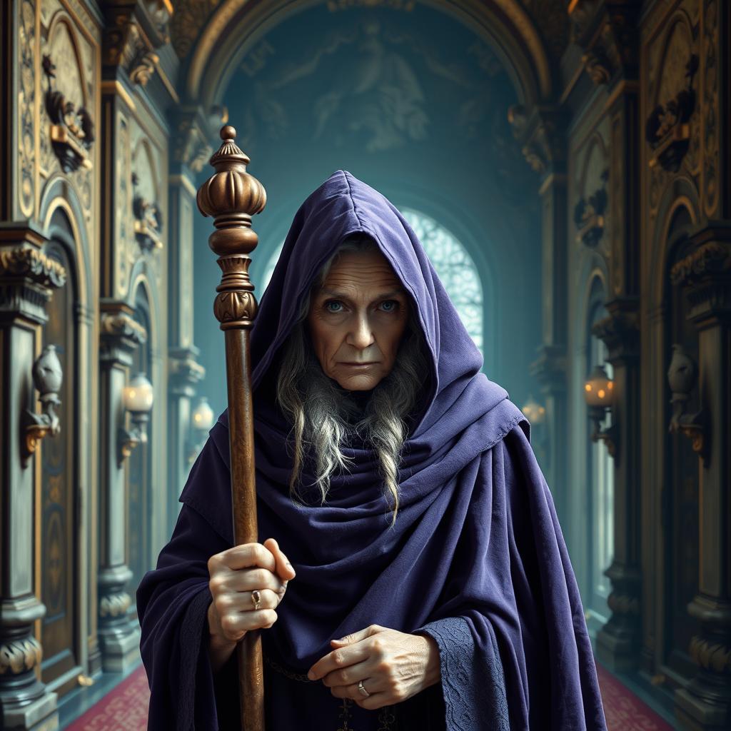 An old noble lady sorcerer covered by a purple cloak, standing in the king's corridors