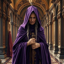 An old noble lady sorcerer covered by a purple cloak, standing in the king's corridors