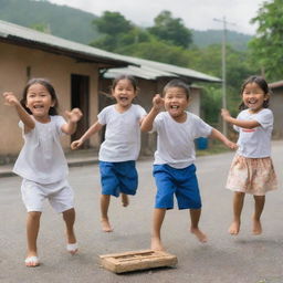 A lively and dynamic image of Filipino children happily playing Sipa, a traditional Filipino game, against the backdrop of a vibrant community setting, embodying the energy and fun of their carefree childhood moments.