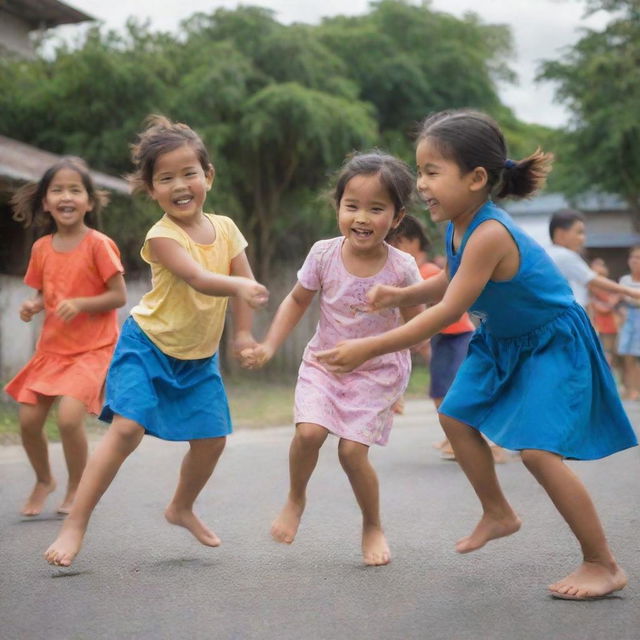 A lively and dynamic image of Filipino children happily playing Sipa, a traditional Filipino game, against the backdrop of a vibrant community setting, embodying the energy and fun of their carefree childhood moments.