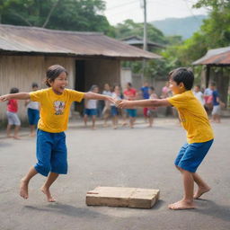 A lively and dynamic image of Filipino children happily playing Sipa, a traditional Filipino game, against the backdrop of a vibrant community setting, embodying the energy and fun of their carefree childhood moments.