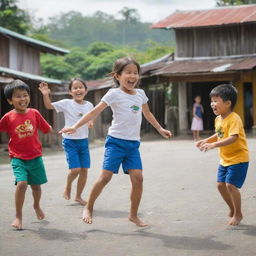 A lively and dynamic image of Filipino children happily playing Sipa, a traditional Filipino game, against the backdrop of a vibrant community setting, embodying the energy and fun of their carefree childhood moments.