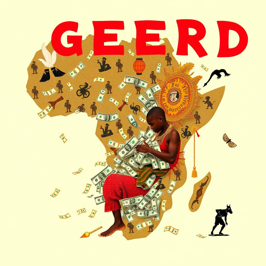 An artistic representation of the theme of greed involving money, set in an African context