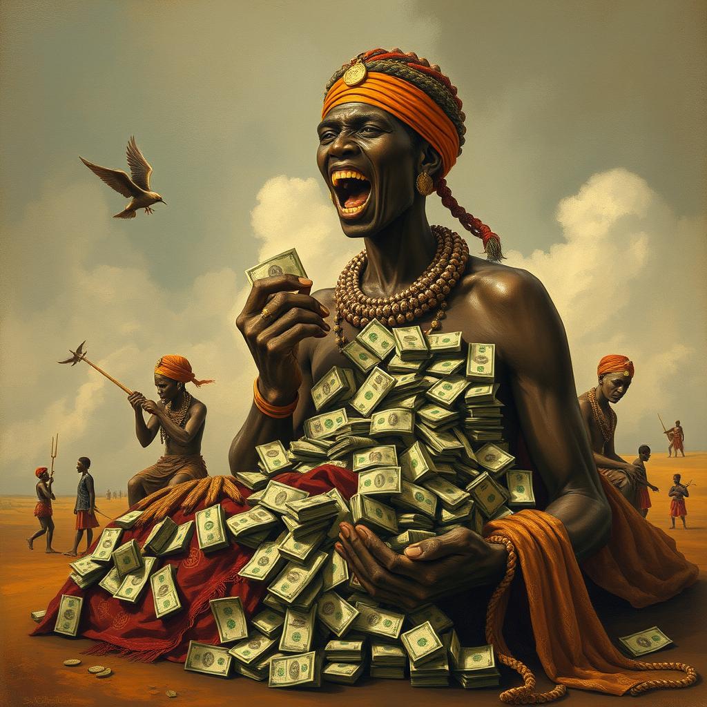 An artistic representation of the theme of greed involving money, set in an African context