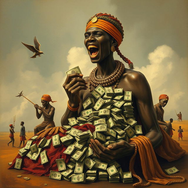 An artistic representation of the theme of greed involving money, set in an African context