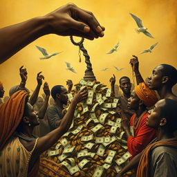 An artistic representation of the theme of greed involving money, set in an African context