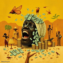 An artistic representation of the theme of greed involving money, set in an African context