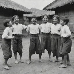 A vibrant scene from 1880 showing Filipino children engaged in the traditional game of Sipa, mirroring a moment of pure joy, camaraderie, and the cultural richness of the era.