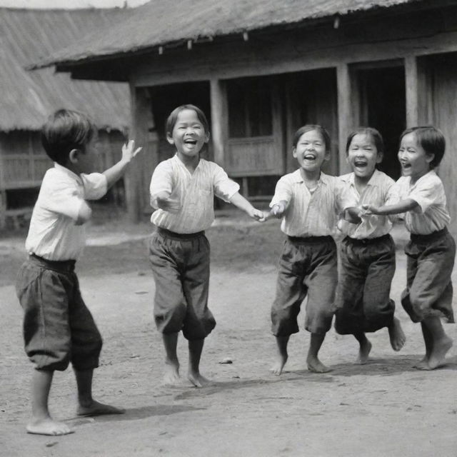 A vibrant scene from 1880 showing Filipino children engaged in the traditional game of Sipa, mirroring a moment of pure joy, camaraderie, and the cultural richness of the era.