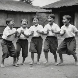 A vibrant scene from 1880 showing Filipino children engaged in the traditional game of Sipa, mirroring a moment of pure joy, camaraderie, and the cultural richness of the era.