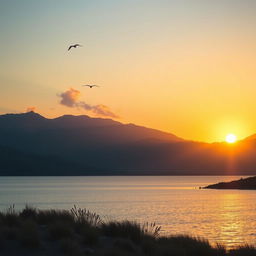 A serene landscape featuring a beautiful sunset over a calm lake, with mountains in the background and a few birds flying in the sky