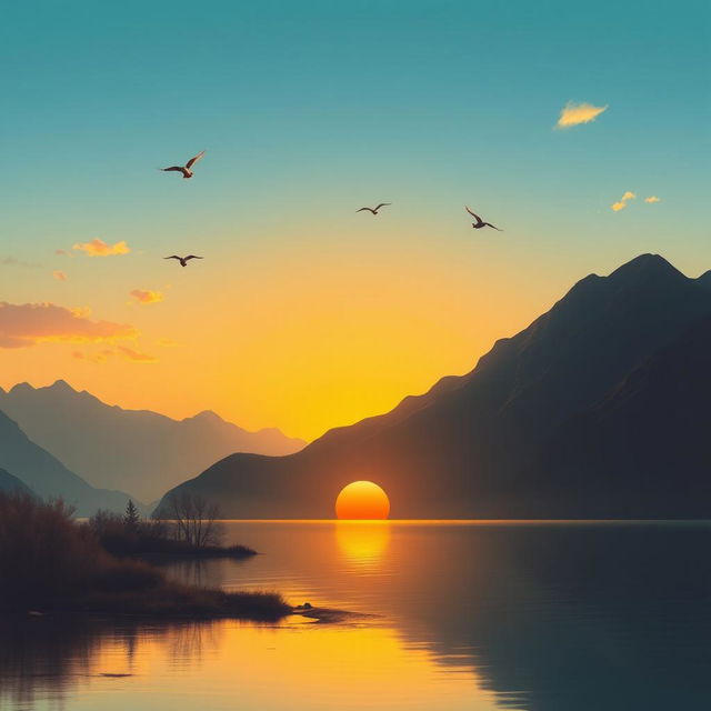 A serene landscape featuring a beautiful sunset over a calm lake, with mountains in the background and a few birds flying in the sky